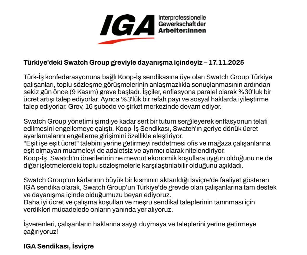 İsviçre IGA Sendikası: “Türkiye’deki Swatch Group Greviyle Dayanışma İçindeyiz” konulu fotoğraflar